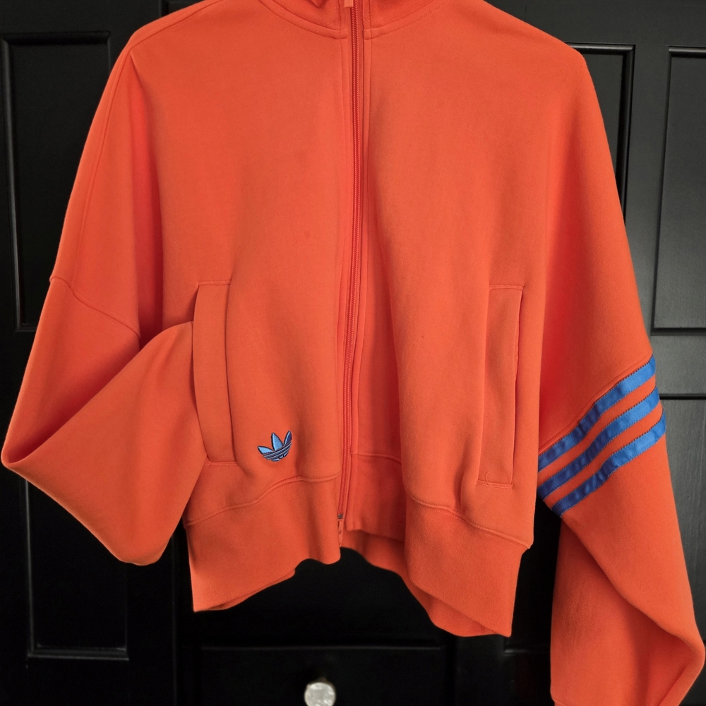 Adidas Orange Hoodie with Blue Stripes